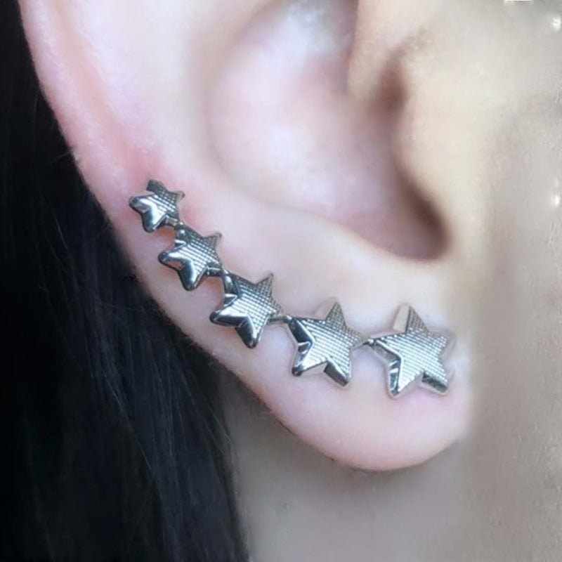 Brinco Ear Cuff de Estrelas Folheado em Ródio Branco (BR0141)
